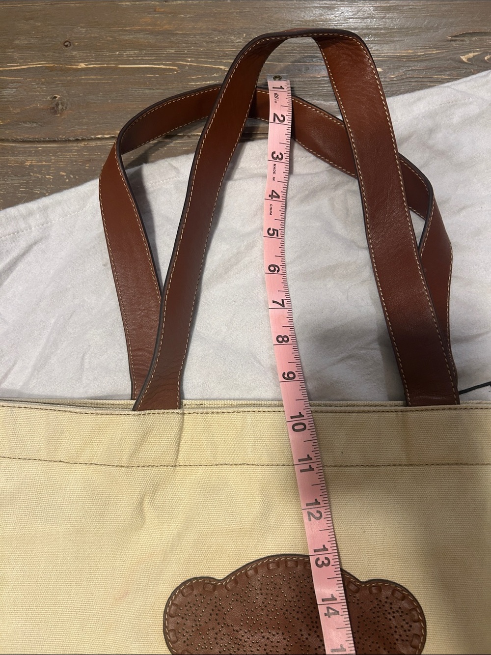 TOUS Cream Canvas Tote with Brown Leather Bear Appliqué - Picture 14 of 14